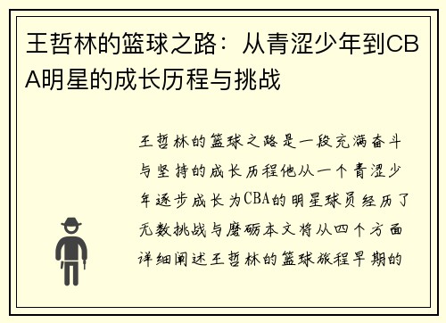 王哲林的篮球之路：从青涩少年到CBA明星的成长历程与挑战