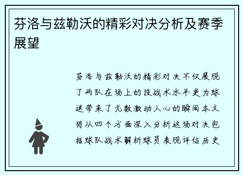 芬洛与兹勒沃的精彩对决分析及赛季展望
